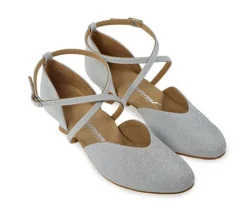 Sølv brokade dansesko fra Diamant med lukket snude