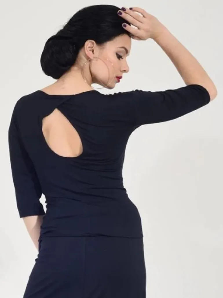 Sort bluse med bådhals og 3/4 lange ærmer